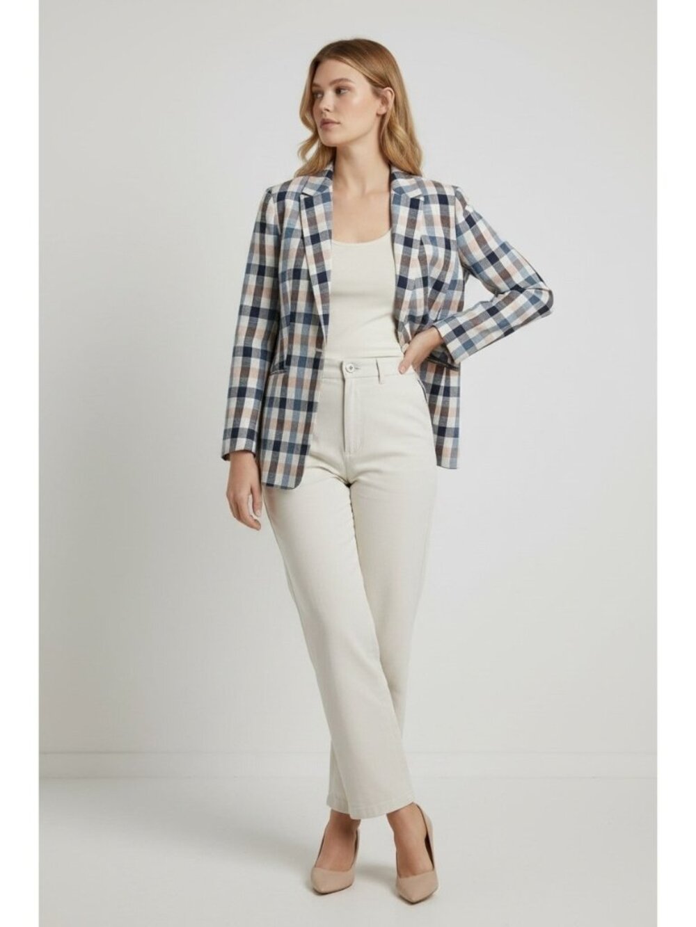 NEW Talbots 18W Plaid Cotton Blend Blazer Blue Pink One Button Career Jacket - Picture 2 of 7